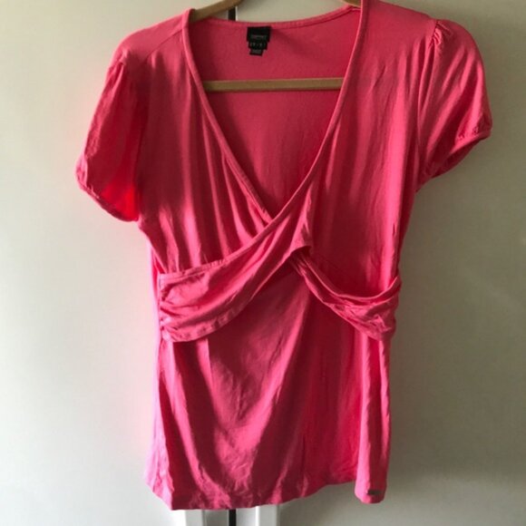 Esprit Drapey Hot Pink Stretch Puff Sleeves Criss Cross Top T- Shirt Tee Ruched - Picture 1 of 8